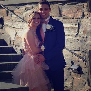 Beautiful La Femme blush strapless prom gown